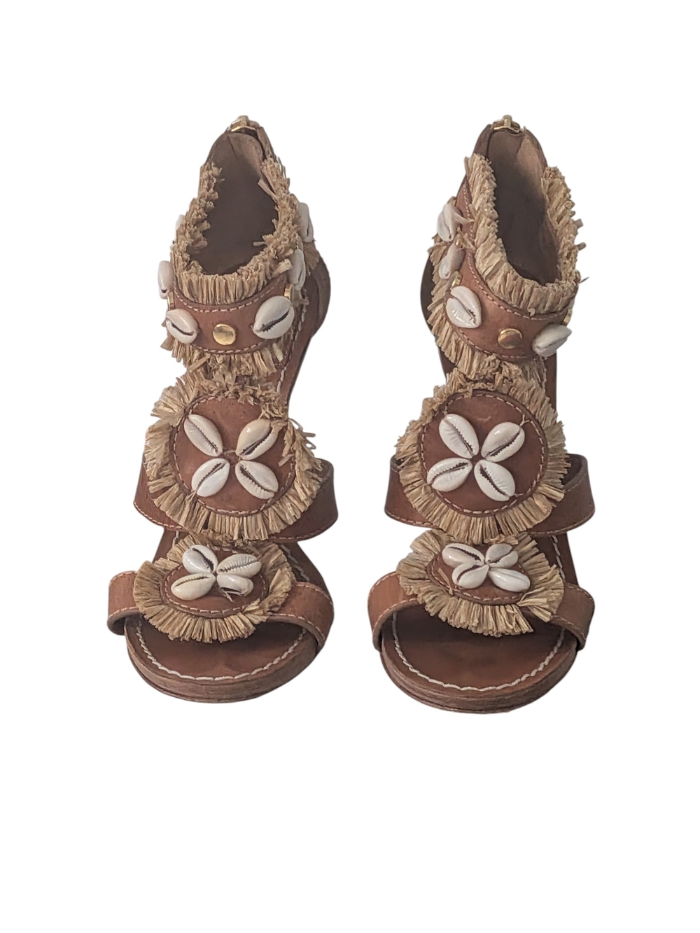 Tory Burch Tan Leather Gladiator Heels with Shell Embellishments
